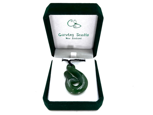 Greenstone 40mm Nephrite Jade Whale Tail Fish Hook Pendant  Gift Box