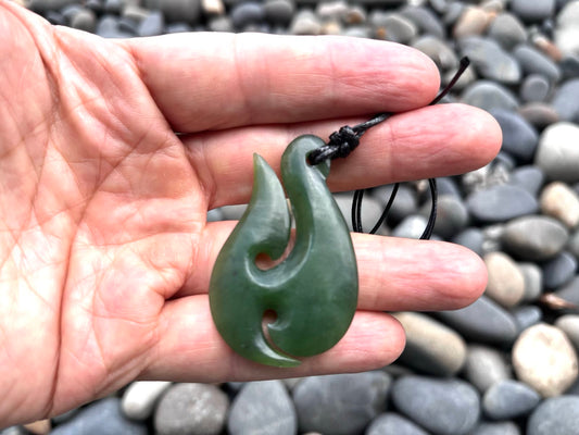 Hand-Carved Greenstone Nephrite Jade Hei Matau Necklace, 50mm