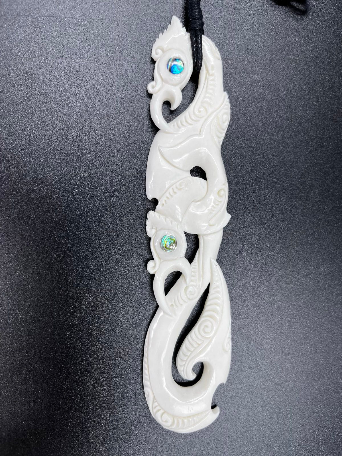14cm Māori Manaia Bone Carving Pendant with Paua Eyes