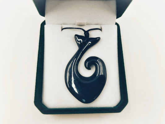 Greenstone Nephrite Jade Hei Matau Fish Hook with Whale Tail Pendant – 55mm, Strength, Protection & Prosperity Symbol