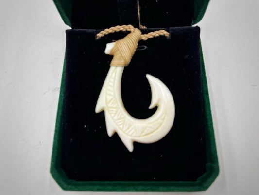 Bone fish hook necklace in green velvet box – Moana Maui style hei matau pendant