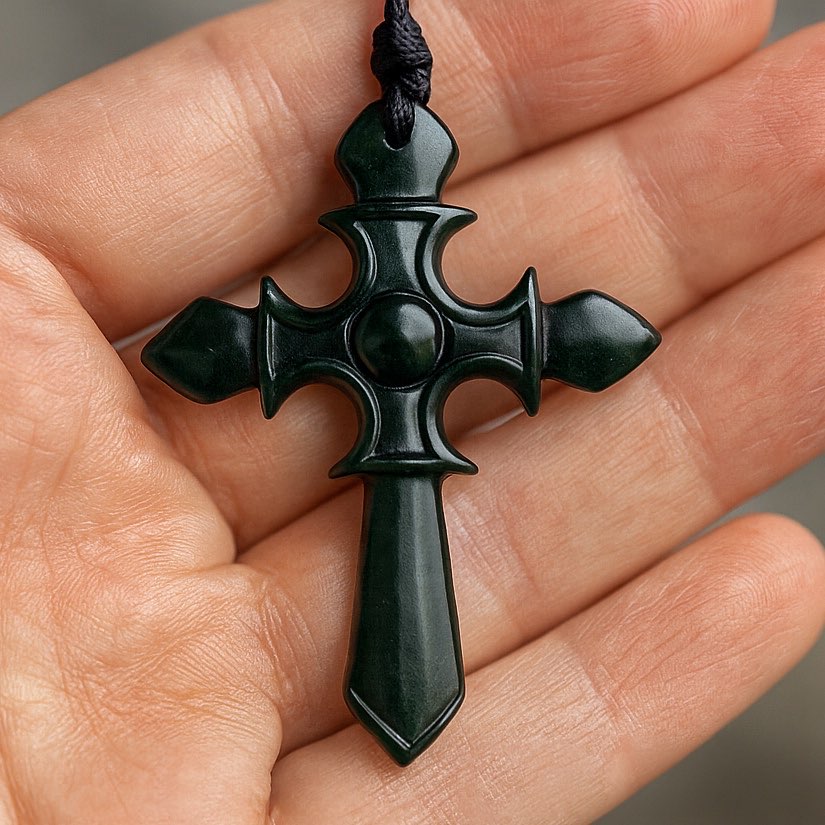 Greenstone jade cross pendant by Carving Studio NZ with adjustable cord and gift box