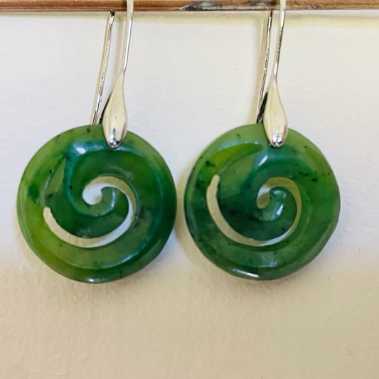 Greenstone Nephrite Closed Koru Earrings 21mm Elegant Teardrop Ear Hooks
