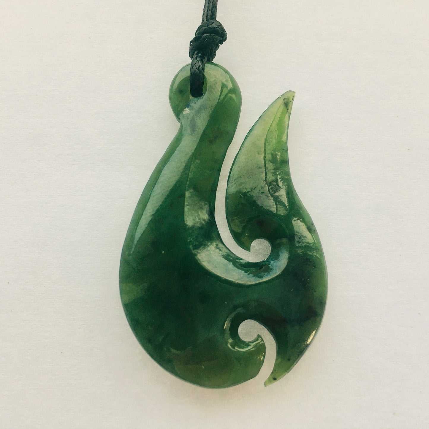 Hand-Carved  Top Grade Greenstone Nephrite Jade Hei Matau Necklace, 50mm