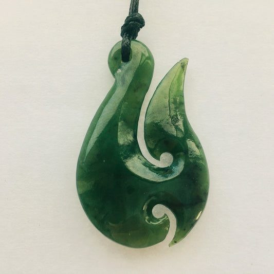 Hand-Carved  Top Grade Greenstone Nephrite Jade Hei Matau Necklace, 50mm