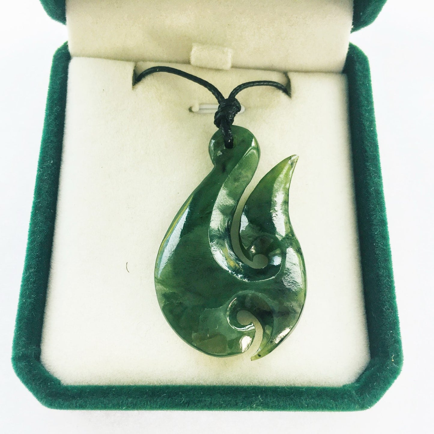 Hand-Carved  Top Grade Greenstone Nephrite Jade Hei Matau Necklace, 50mm