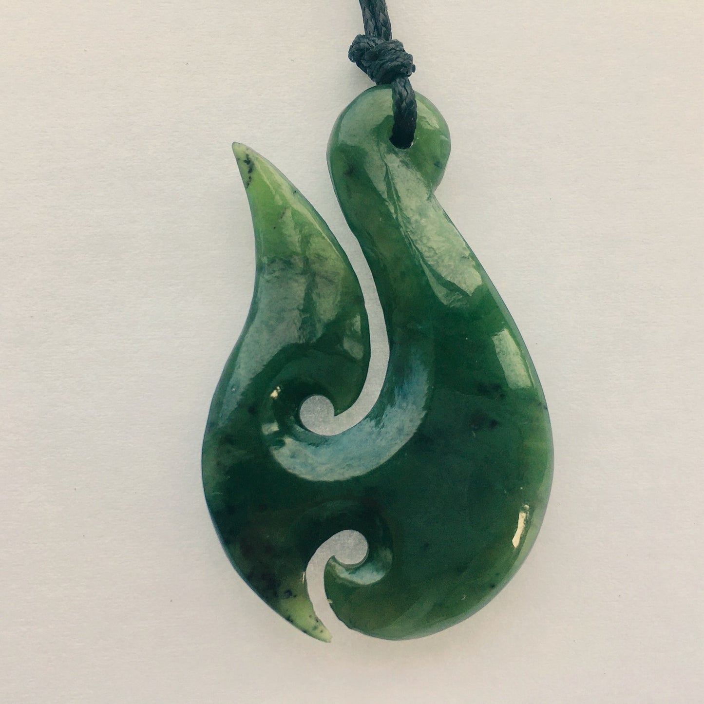 Hand-Carved  Top Grade Greenstone Nephrite Jade Hei Matau Necklace, 50mm