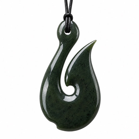 Greenstone Nephrite Jade Hei Matau Fish Hook Pendant E047 – 53×32mm with Gift Box